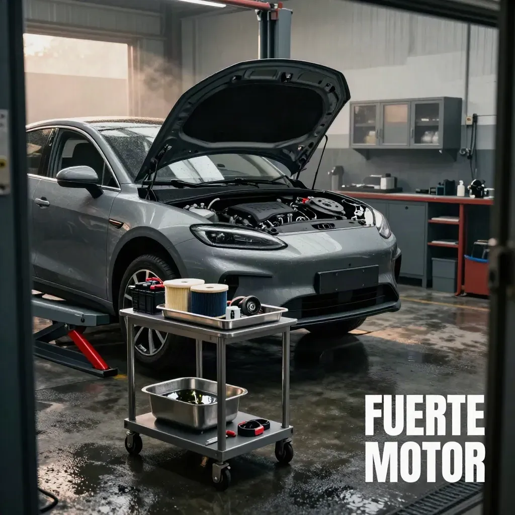 Taller de Fuerte Motor con coche gris elevado, capó abierto y piezas de servicio ordenadas.