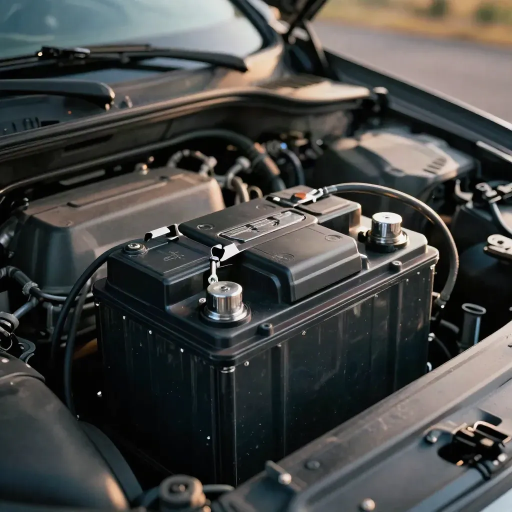 Batería de coche nueva instalada en el vano motor, con bornes limpios y abrazadera metálica.