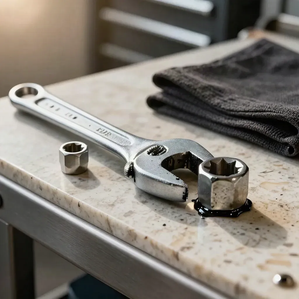 Llave dinamométrica, vaso hexagonal y carril de dados con grasa sobre banco de taller.