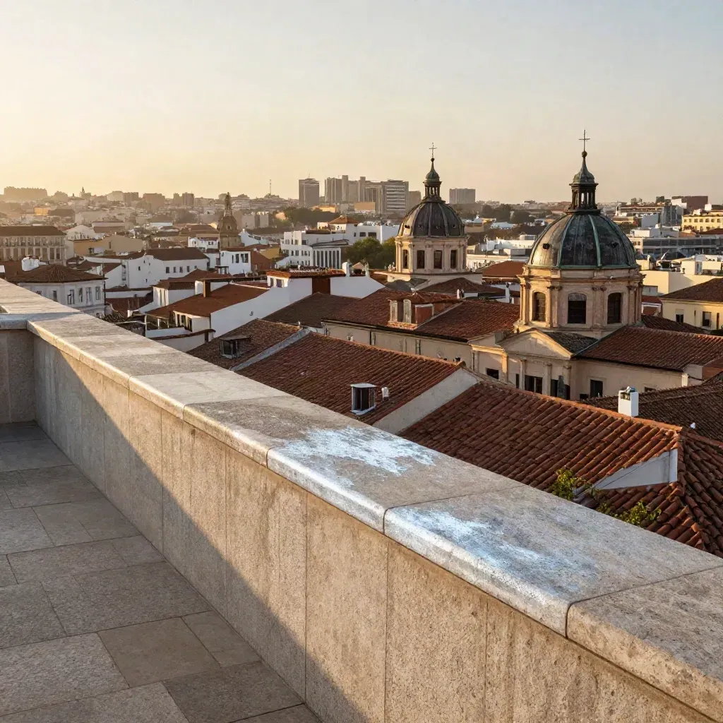 Azoteas y cúpulas de Madrid Centro al atardecer con atmósfera dorada.