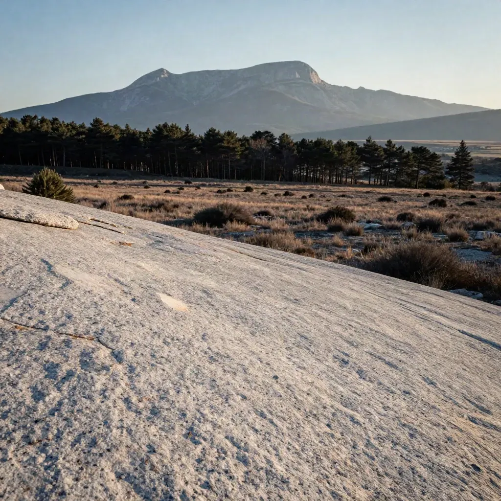 Ladera granítica del norte de Madrid con pinos lejanos y la sierra al fondo